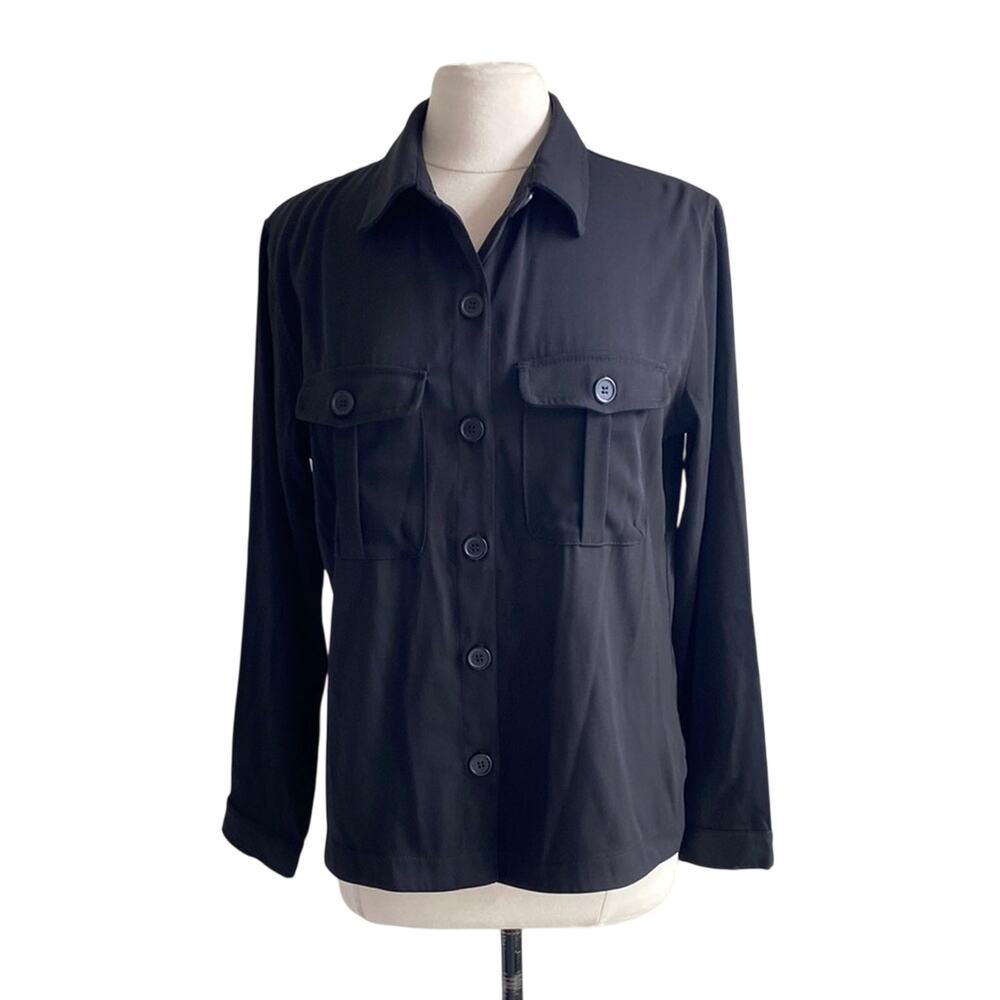 MAX STUDIO Utility Shirt Womens Sz Large Black Camp Button Down New
